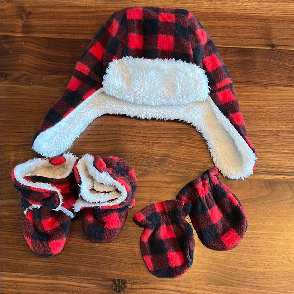 Hudson Baby Red and Black Plaid Trapper Hat, Booties and Mittens Set